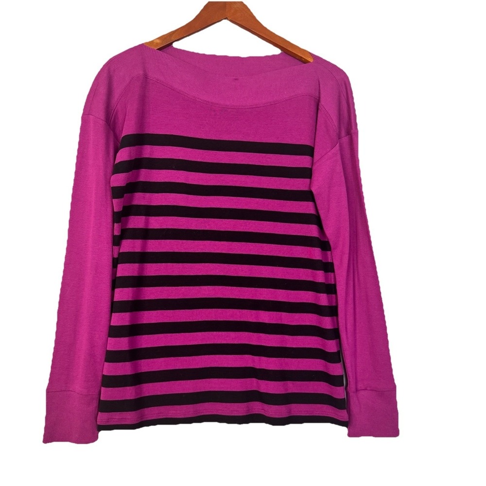 NWT Lauren Ralph Lauren Striped Boat Neck Top‎ L Magenta Black Cotton Women